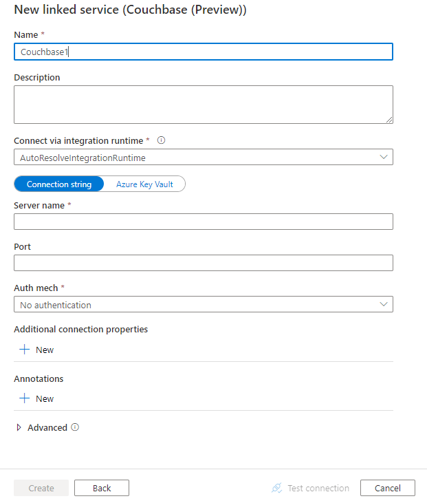 Capture d’écran de la configuration du service lié pour Couchbase.