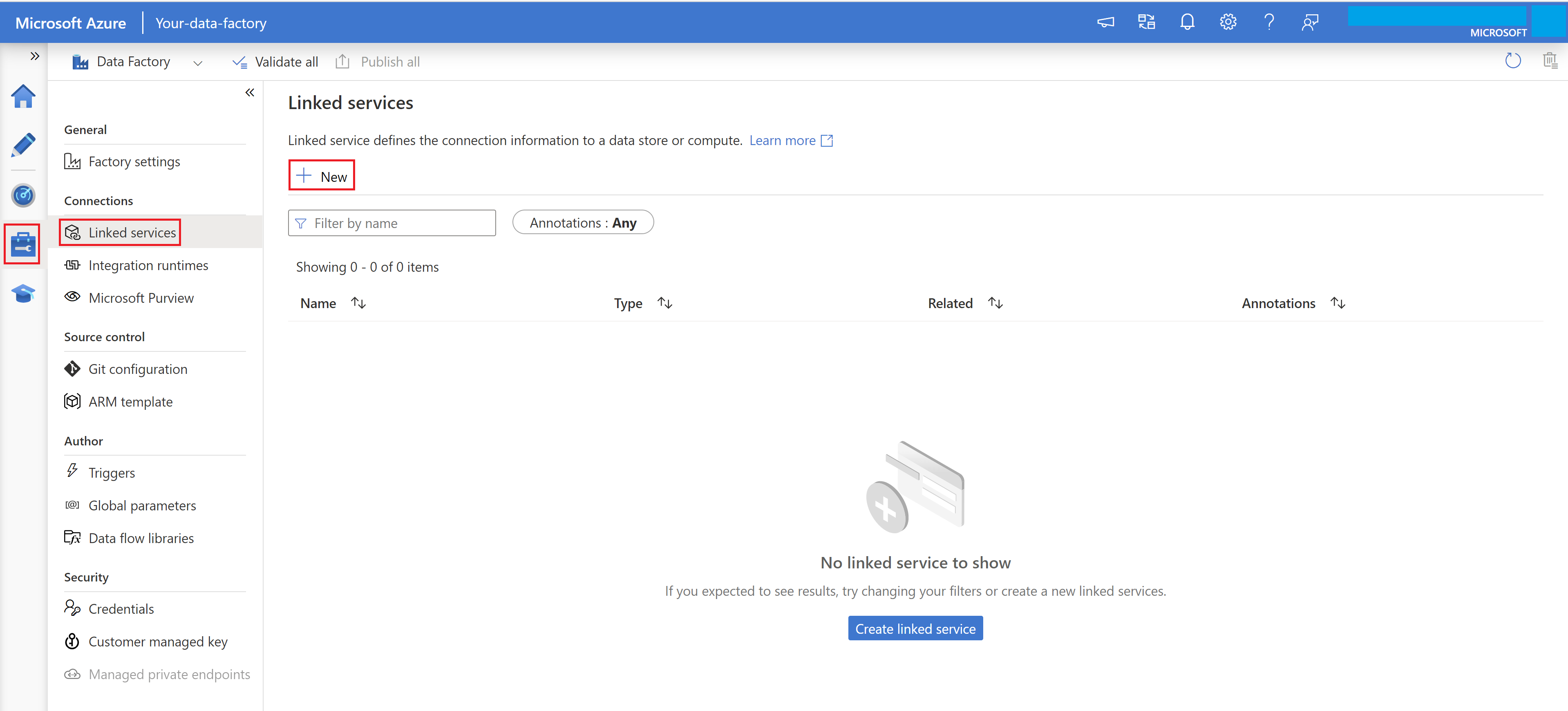 Capture d’écran montrant la création d’un service lié avec l’interface utilisateur Azure Data Factory.