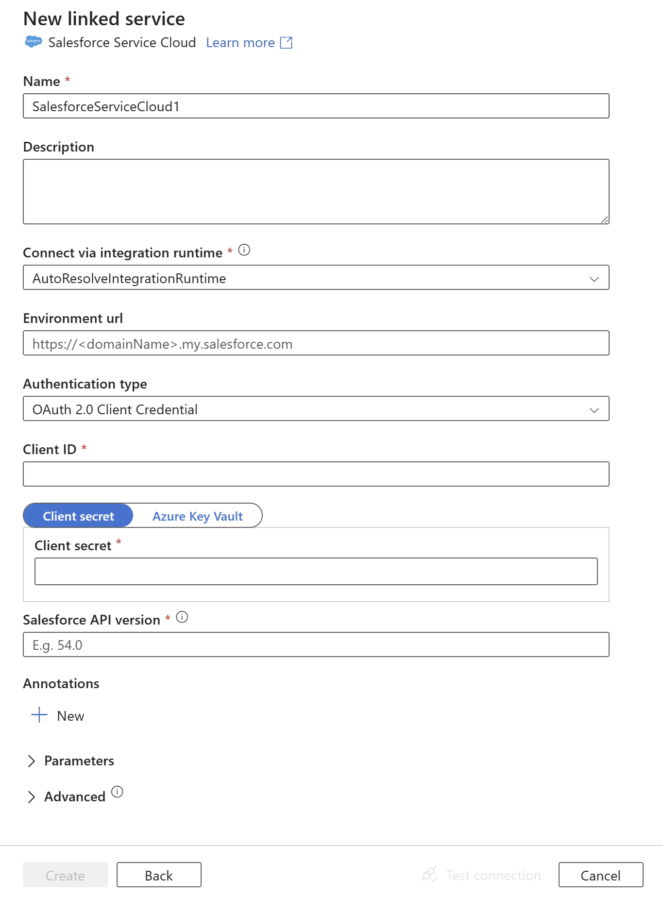 Capture d’écran de la configuration du service lié pour Salesforce Service Cloud.