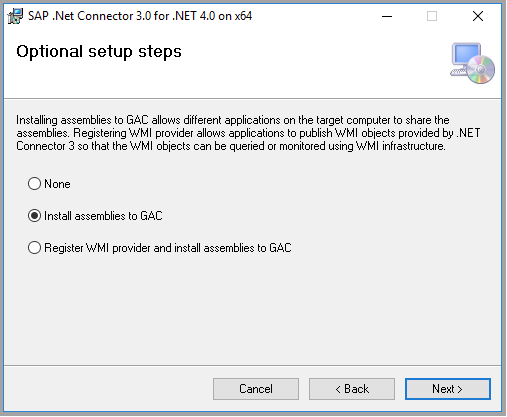 Boîte de dialogue Set up SAP .NET Connector (Configurer SAP .NET)