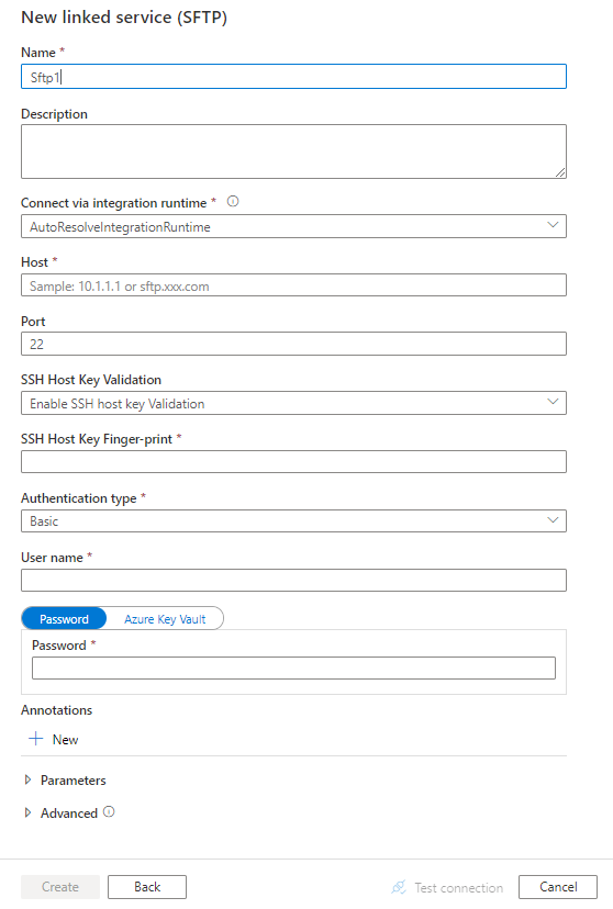 Capture d’écran de la configuration d’un service lié SFTP.