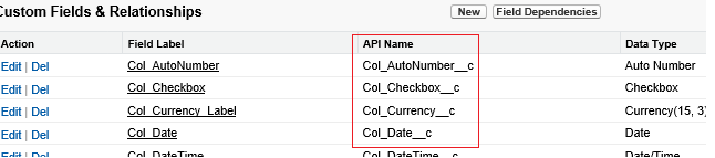 Capture d’écran montrant la liste des noms de l’API de connexion Salesforce.