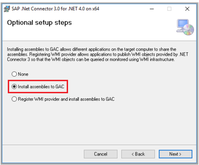 Capture d’écran de la boîte de dialogue d’installation de SAP .NET Connector 3.0.