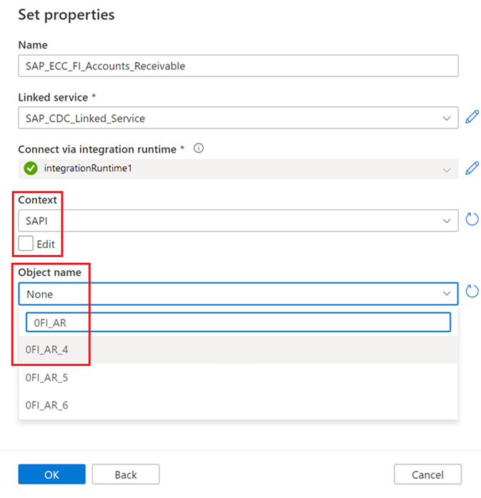 Capture d’écran de la page de configuration du jeu de données CDC SAP.