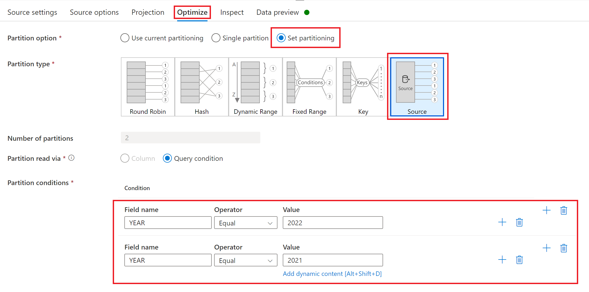 Capture d’écran des options de partitionnement sous Optimiser pour la source du flux de données de mappage.