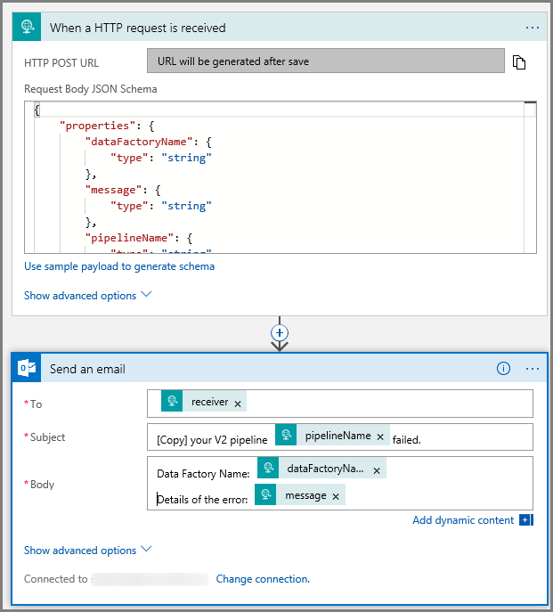 Montre une capture d’écran du concepteur de workflow avec le workflow d’e-mail d’avis d’échec.