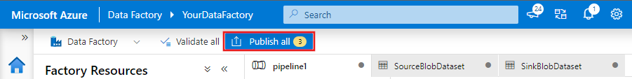 Capture d’écran du bouton Publier sur le portail Data Factory.