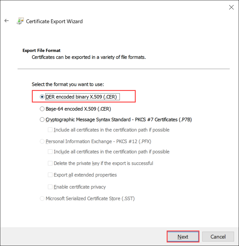 Capture d’écran de la page Format de fichier d’exportation de l’Assistant Exportation de certificat. Le format DER sélectionné et le bouton Suivant sont mis en évidence.