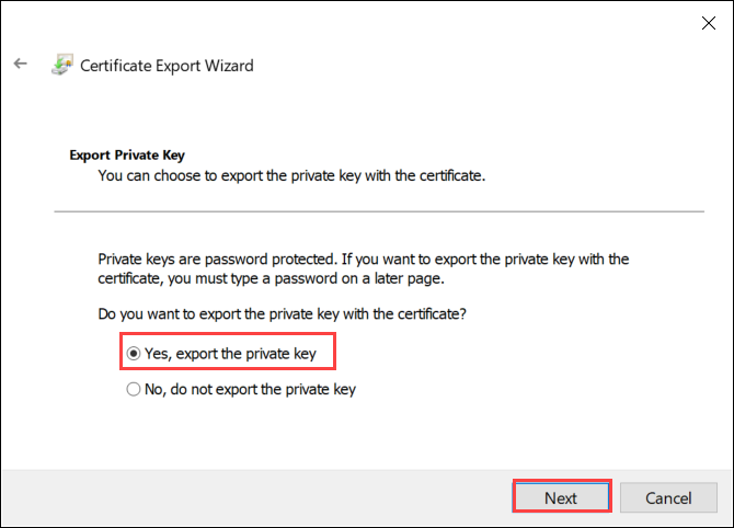 Capture d’écran de la page Exporter la clé privée de l’Assistant Exportation de certificat. L’option Exporter la clé privée et le bouton Suivant sont mis en évidence.