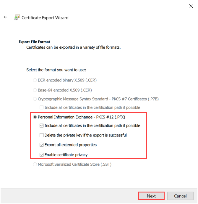 Capture d’écran de la page Format de fichier d’exportation de l’Assistant Exportation de certificat. Les options Échange d’informations personnelles et le bouton Suivant sont mis en évidence.