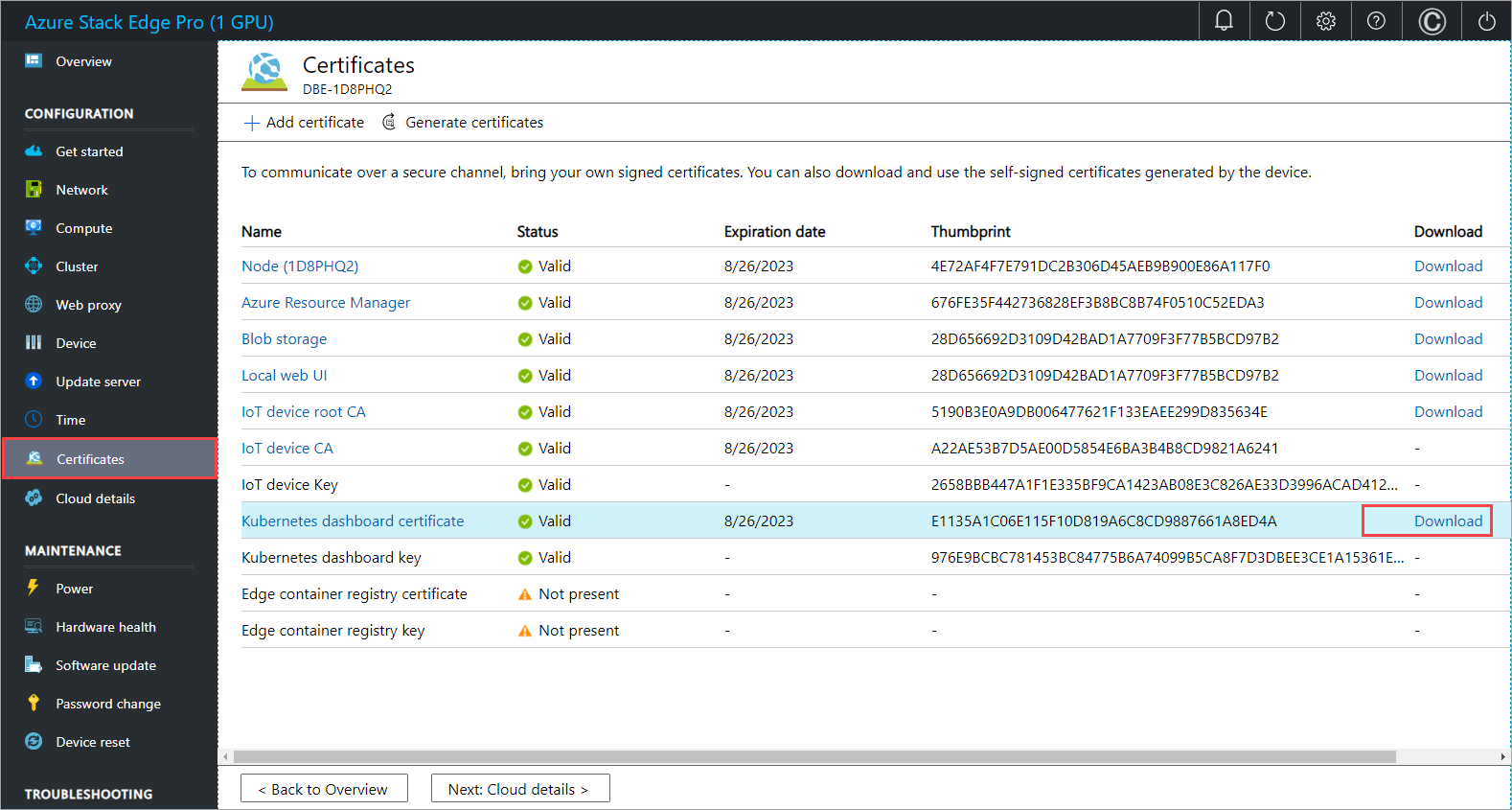 Télécharger le certificat du point de terminaison de tableau de bord Kubernetes