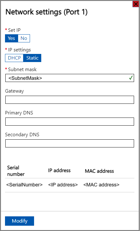 Interface utilisateur web locale, « Paramètres réseau du Port 1 »