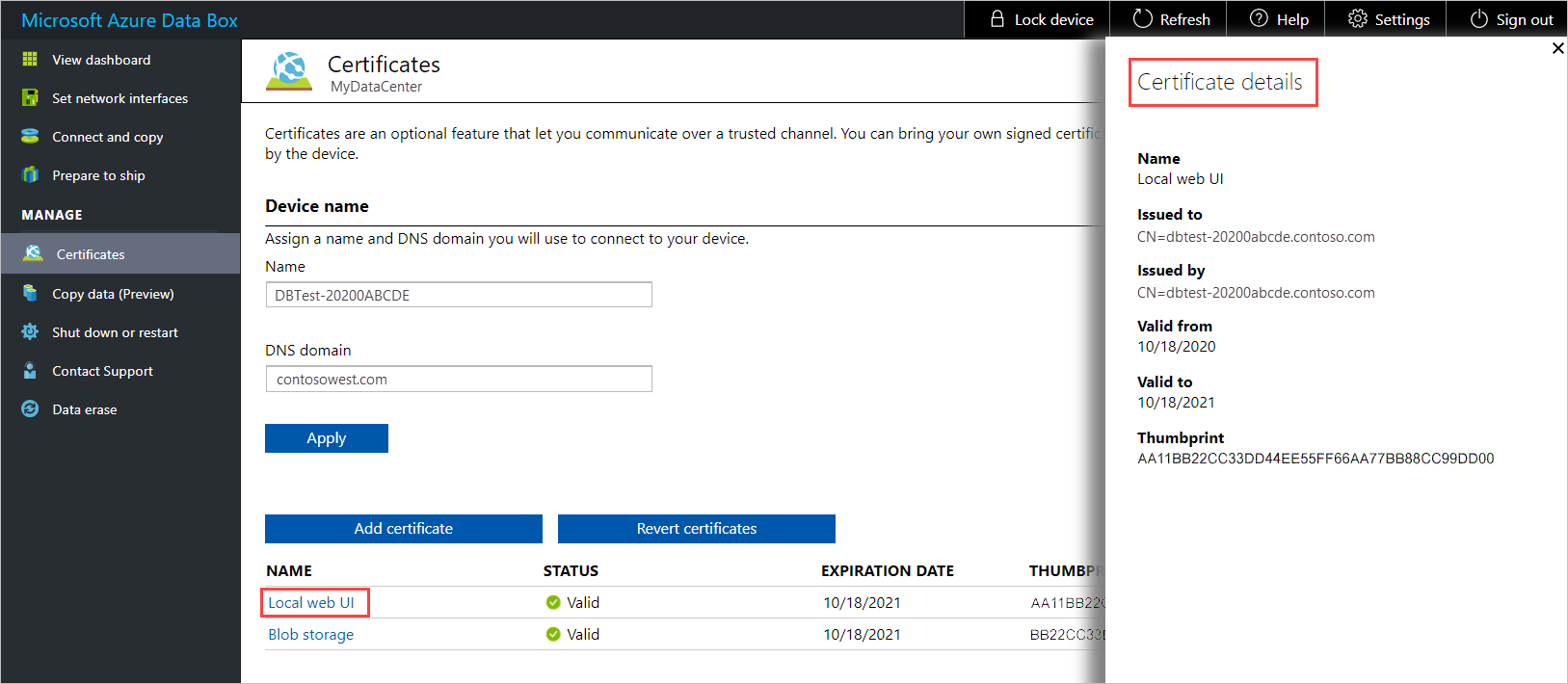 Afficher les détails du certificat d’un appareil Data Box