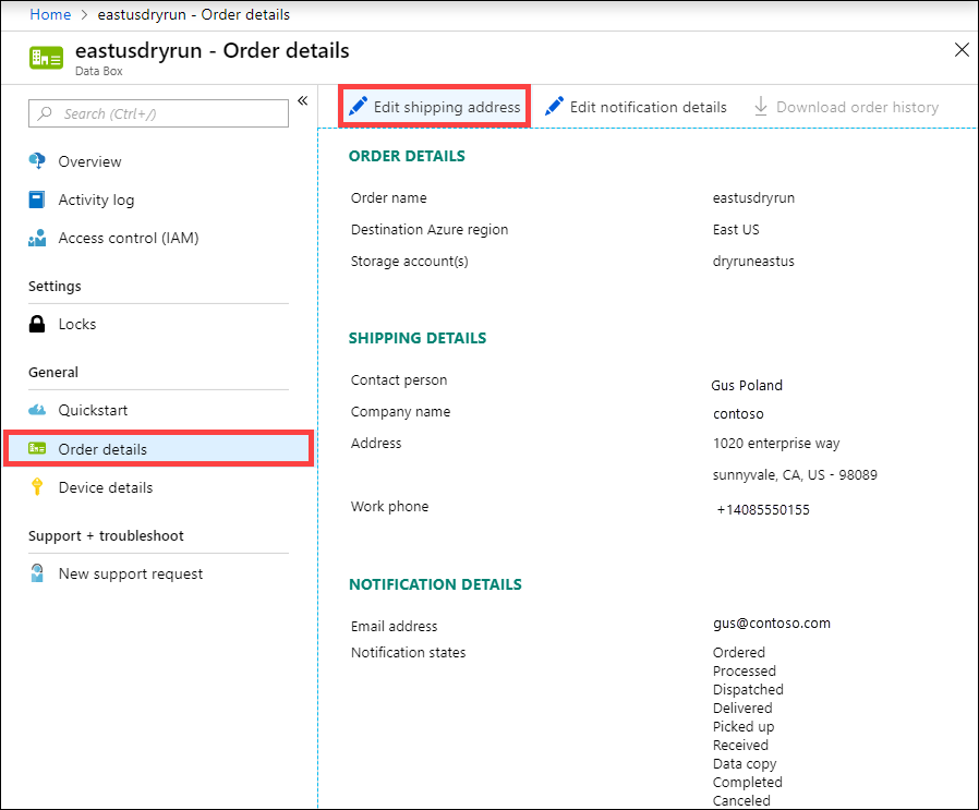 Commande Modifier l’adresse d’expédition dans Détails de la commande