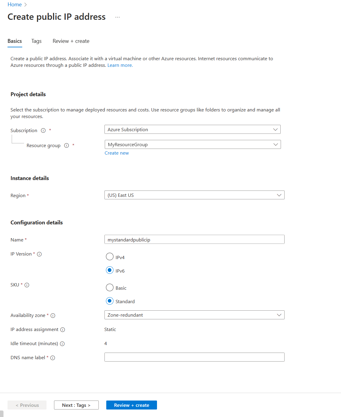 Capture d’écran de la création d’une adresse IP standard dans le portail Azure.