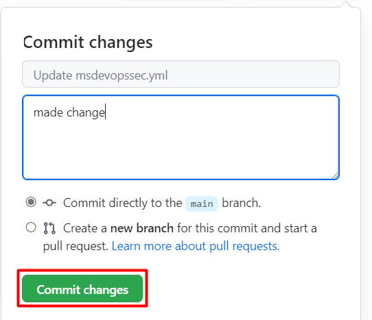 Capture d’écran montrant où sélectionner Commiter les changements dans la page GitHub.