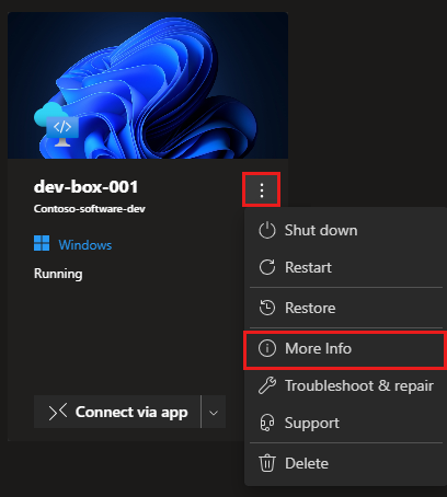 Capture d’écran du portail des développeurs montrant le menu d’actions pour une dev box et l’option Plus d’informations sélectionnée.