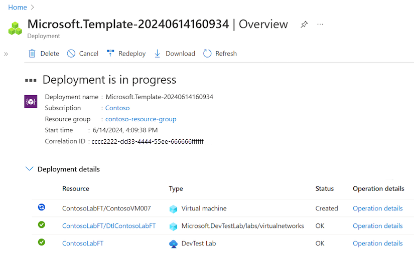 Capture d’écran montrant le déploiement en cours pour le nouveau labo et la machine virtuelle revendiquée sur la page Vue d’ensemble du modèle.