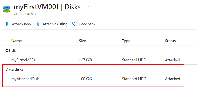 Capture d’écran du nouveau disque de données sous Disques de données dans la page Disques.