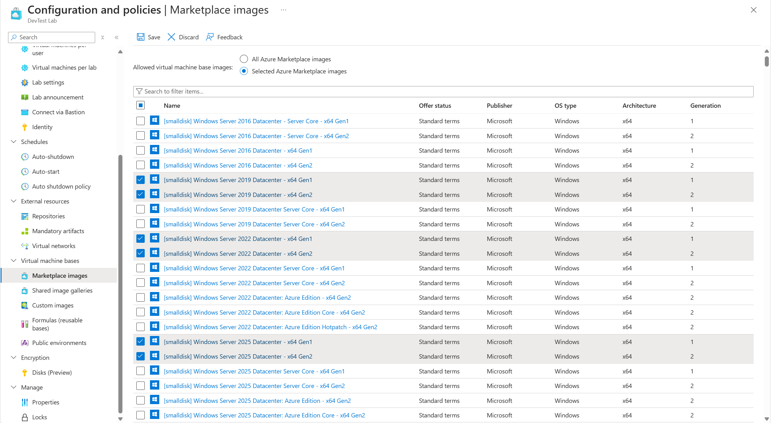 Vous pouvez spécifier les images Azure Marketplace pouvant être utilisées en tant qu’images de base pour des machines virtuelles