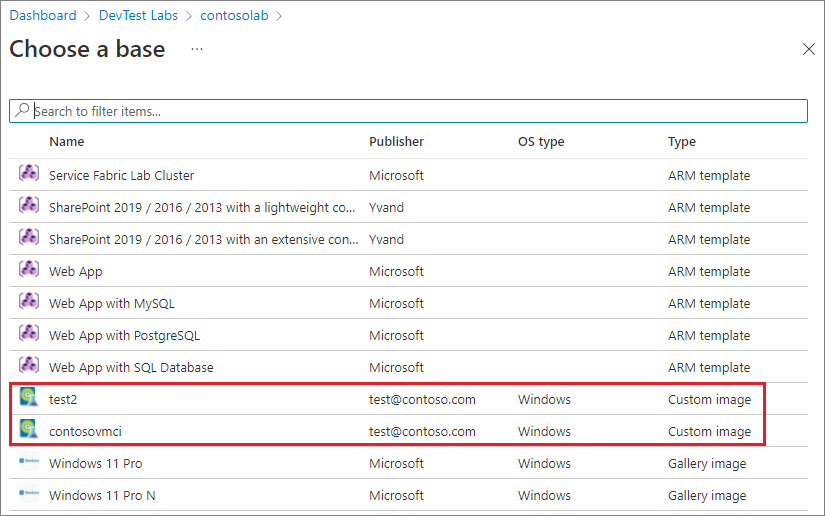 Capture d’écran montrant des images personnalisées disponibles dans la liste des images de base de machine virtuelle.