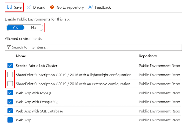 Capture d’écran montrant comment désélectionner des dépôts d’environnements publics pour un labo afin de désactiver l’accès pour les utilisateurs.