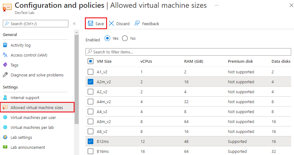 Capture d’écran montrant les tailles de machines virtuelles autorisées.