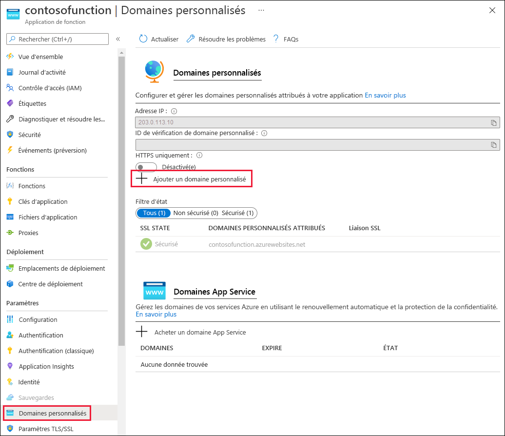 Capture d’écran du bouton Ajouter un domaine personnalisé pour l’application de fonction.
