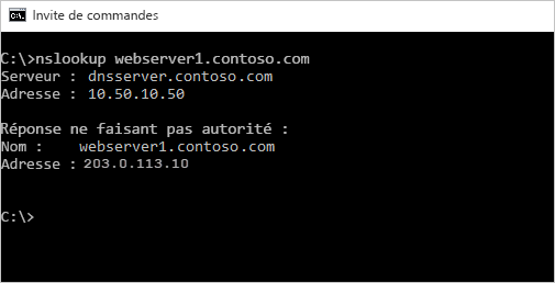 Capture d’écran de nslookup dans cmd pour l’IP publique.