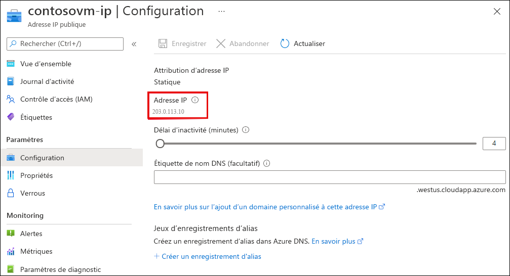 Capture d’écran de la page de configuration de l’IP publique.