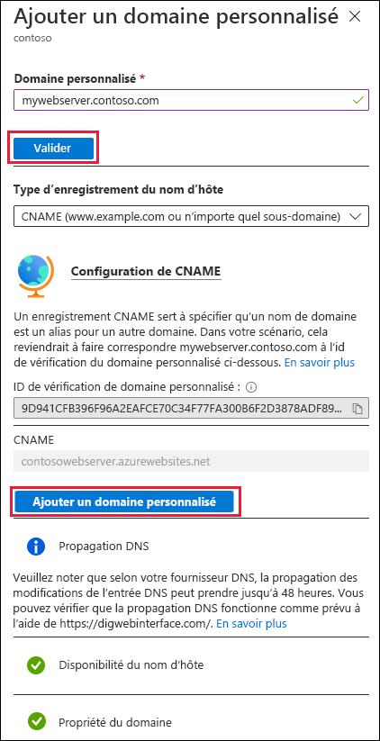 Capture d’écran de la page Ajouter un domaine personnalisé pour l’application web.