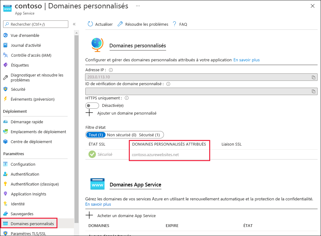 Capture d’écran des domaines personnalisés pour l’application web.