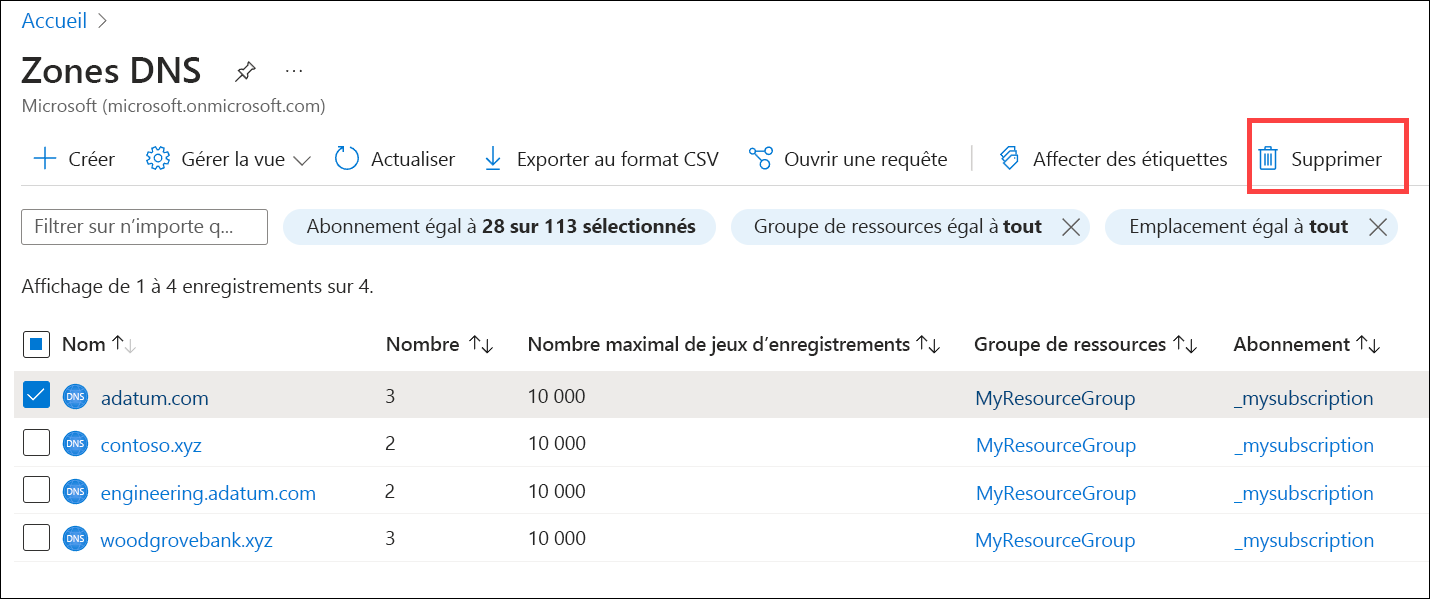 Capture d'écran illustrant la suppression d'une zone DNS.