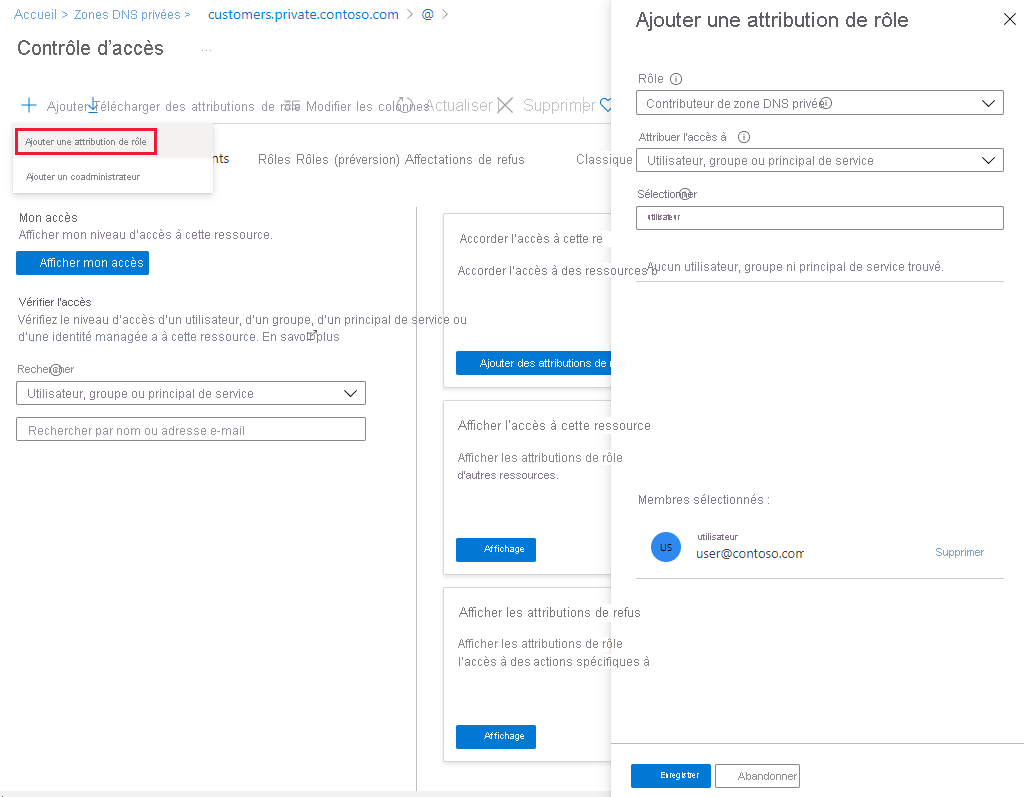 Capture d’écran de l’attribution de rôle pour le jeu d’enregistrements DNS privé.