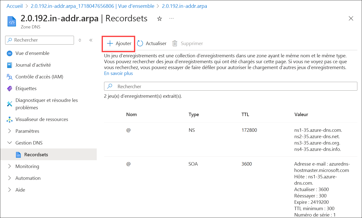 Capture d’écran montrant comment ajouter un enregistrement DNS inversé IPv4 à une zone DNS.