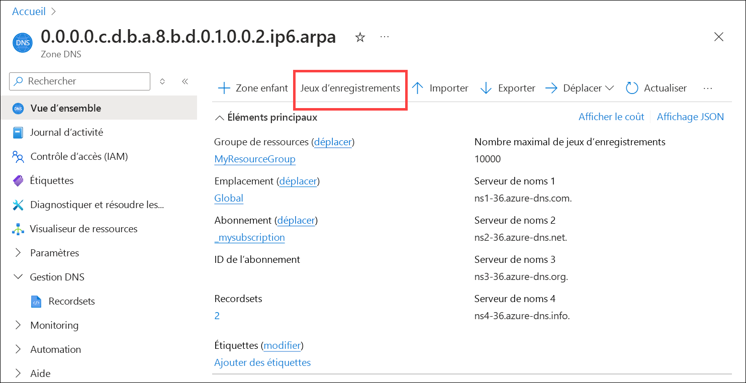 Capture d’écran montrant comment ajouter un enregistrement DNS inversé IPv6 à une zone DNS.