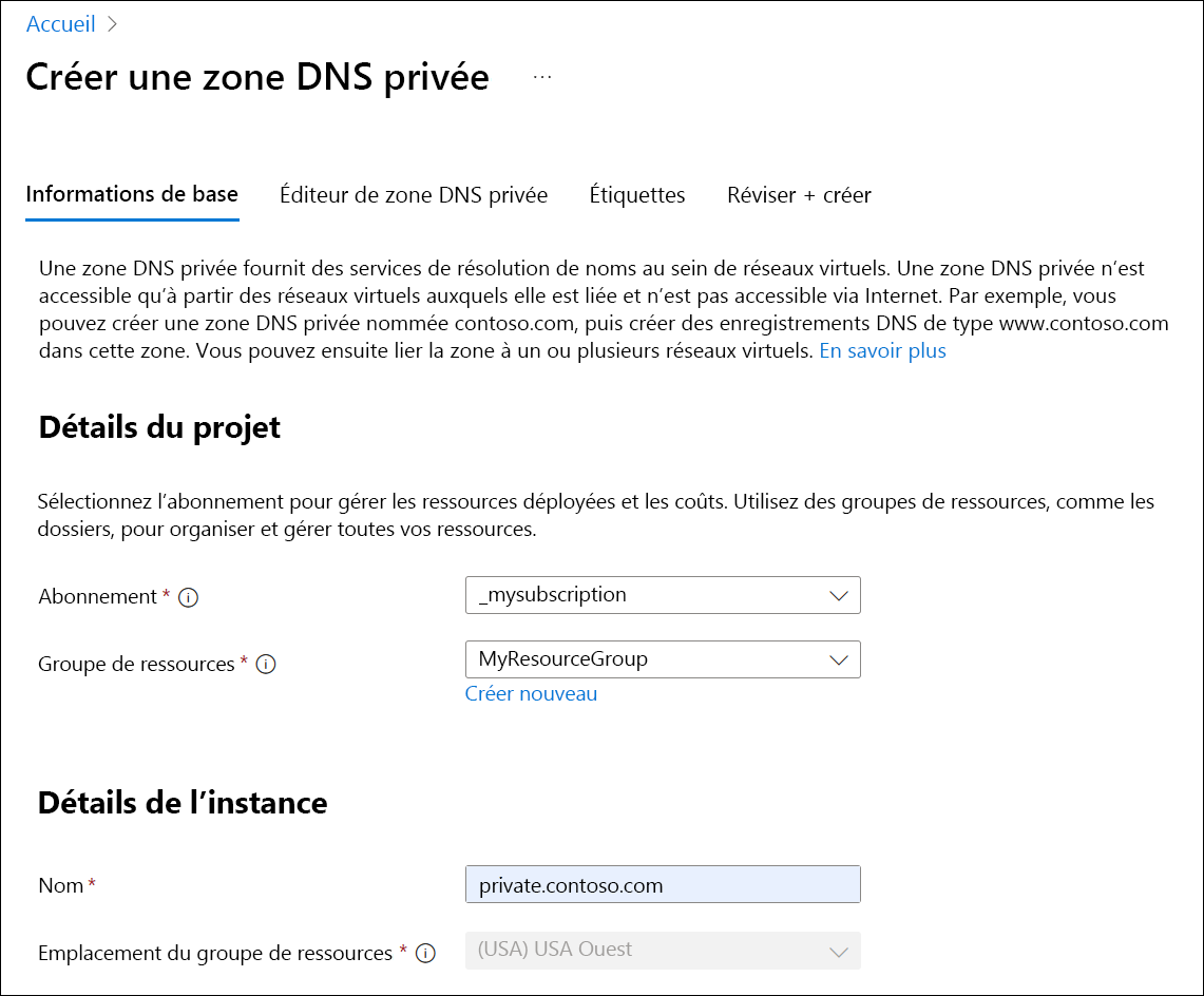 Capture d’écran de la création d’une zone DNS privée.