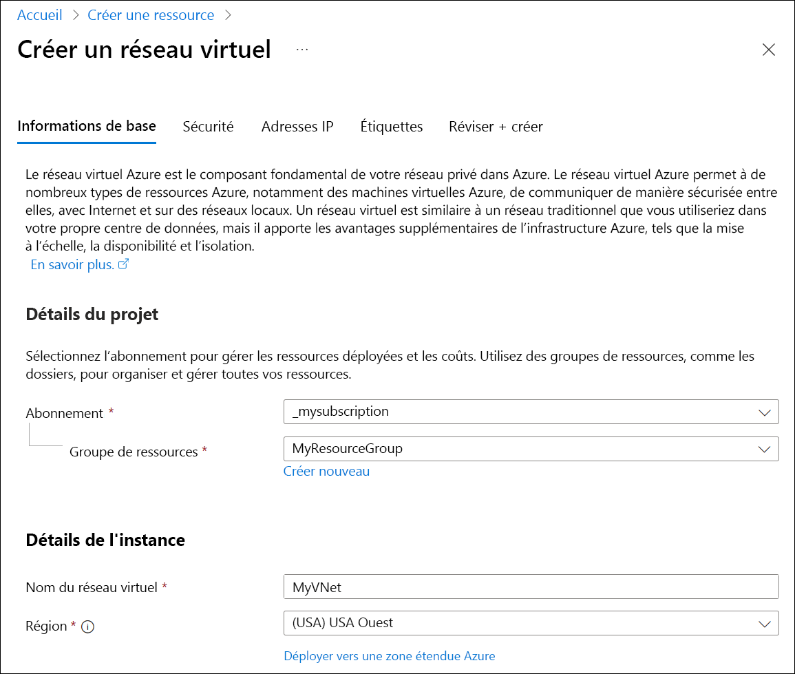 Capture d’écran de l’onglet des informations de base de la création d’un réseau virtuel.