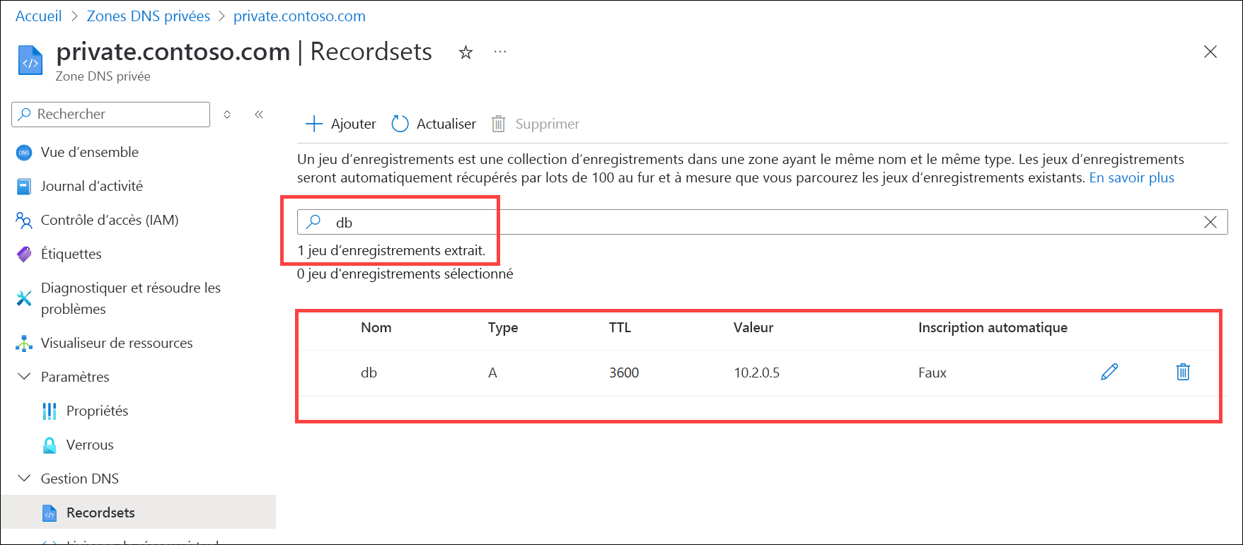 Capture d’écran de la recherche d’un enregistrement DNS.