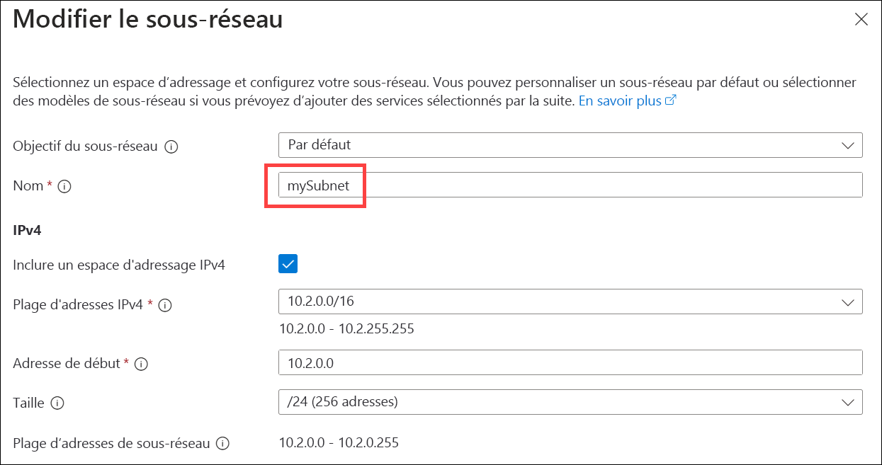 Capture d’écran de la spécification de l’espace d’adressage IPv4 du sous-réseau.