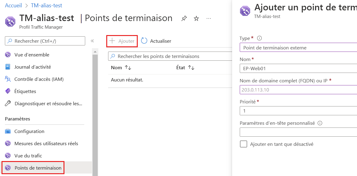 Capture d’écran de la page Points de terminaison dans le profil Traffic Manager montrant les paramètres sélectionnés pour ajouter un point de terminaison.