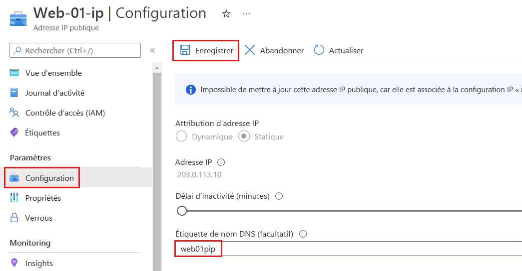 Capture d’écran de la page Configuration de l’adresse IP publique Azure montrant l’étiquette de nom D N S.