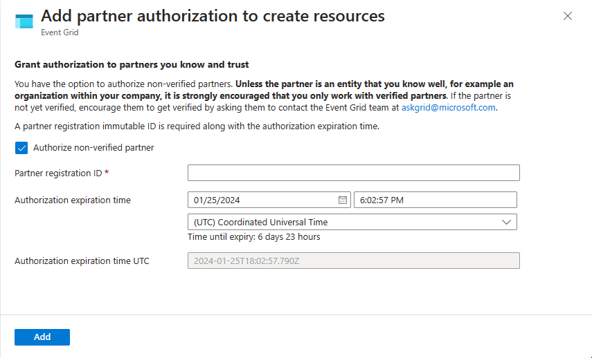 Capture d’écran montrant l’octroi à un partenaire non vérifié de l’autorisation de créer des ressources dans votre groupe de ressources.