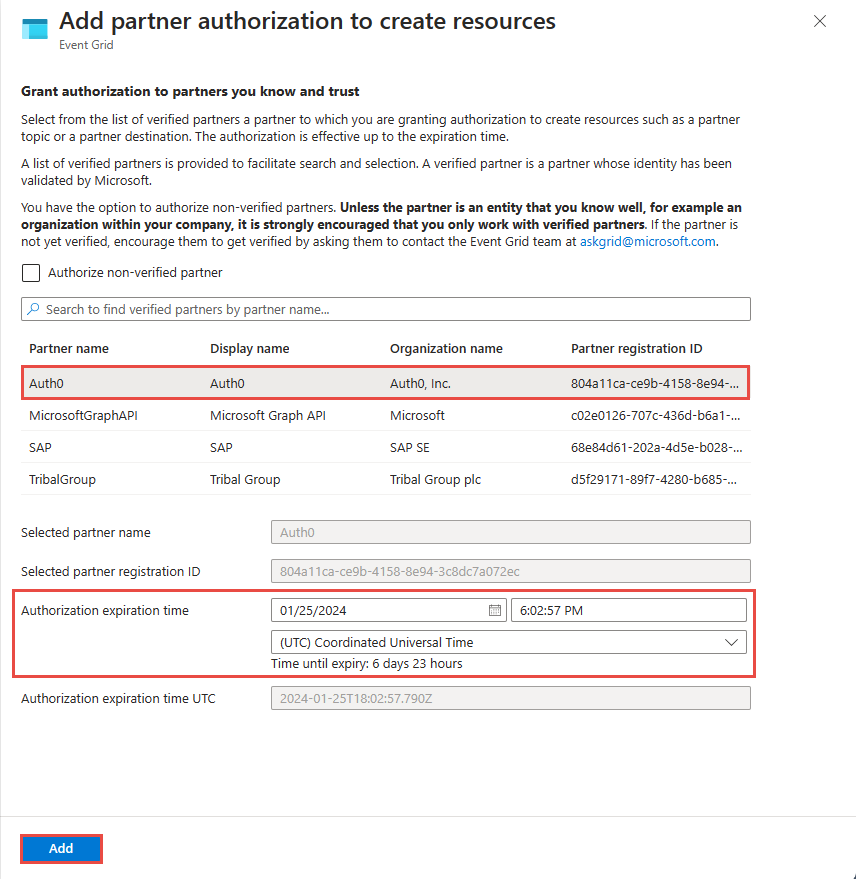 Capture d’écran montrant l’octroi à un partenaire vérifié de l’autorisation de créer des ressources dans votre groupe de ressources.