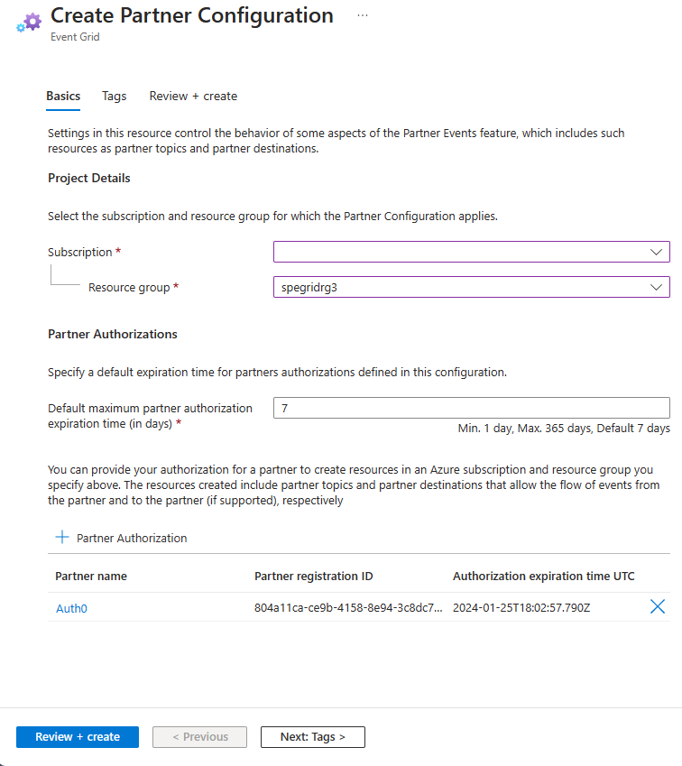 Image montrant la page de configuration de partenaire avec le lien Autorisation de partenaire que vous venez d’ajouter.