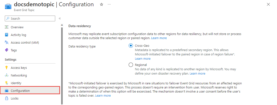 Capture d’écran montrant la page Configuration pour une rubrique personnalisée Event Grid.