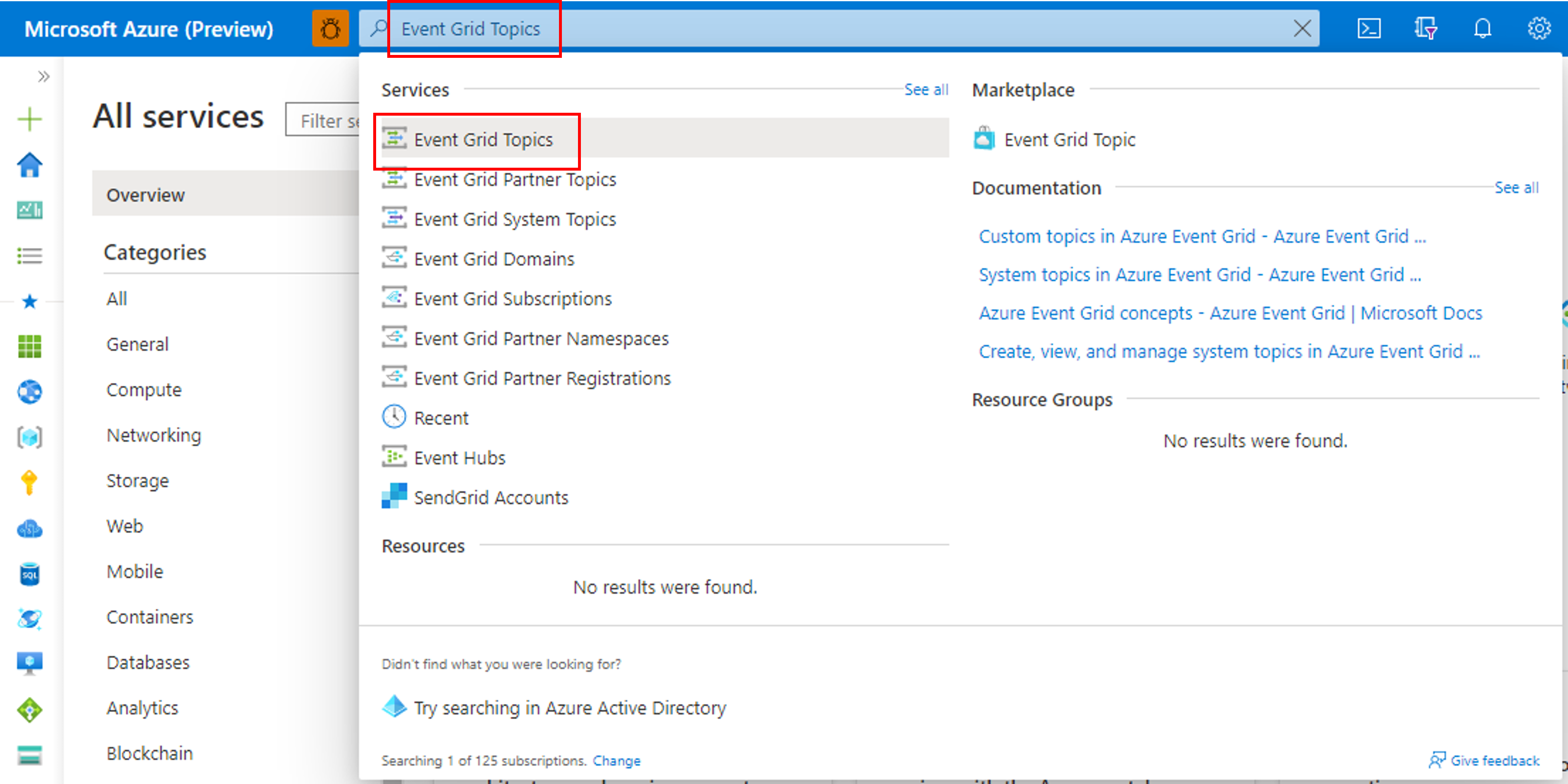 Capture d’écran montrant le portail Microsoft Azure avec les rubriques Event Grid dans la zone de recherche.