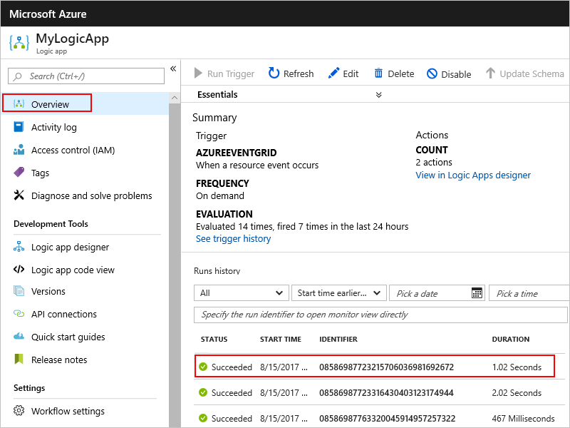 Capture d’écran de la page de vue d’ensemble d’une application logique, montrant une exécution réussie sélectionnée.