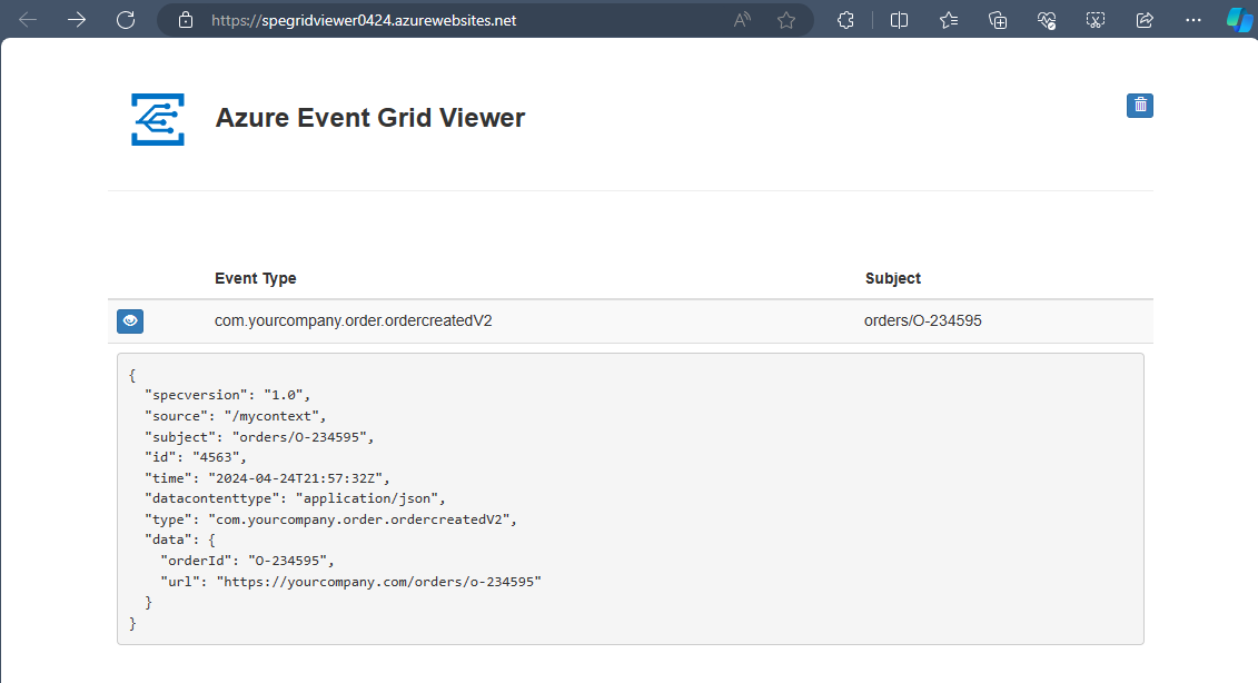 Capture d’écran qui montre la Visionneuse Azure Event Grid avec un exemple d’événement reçu.