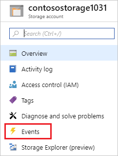 Capture d’écran montrant l’option Événements dans le menu de gauche de la page compte de stockage sur le portail Azure.